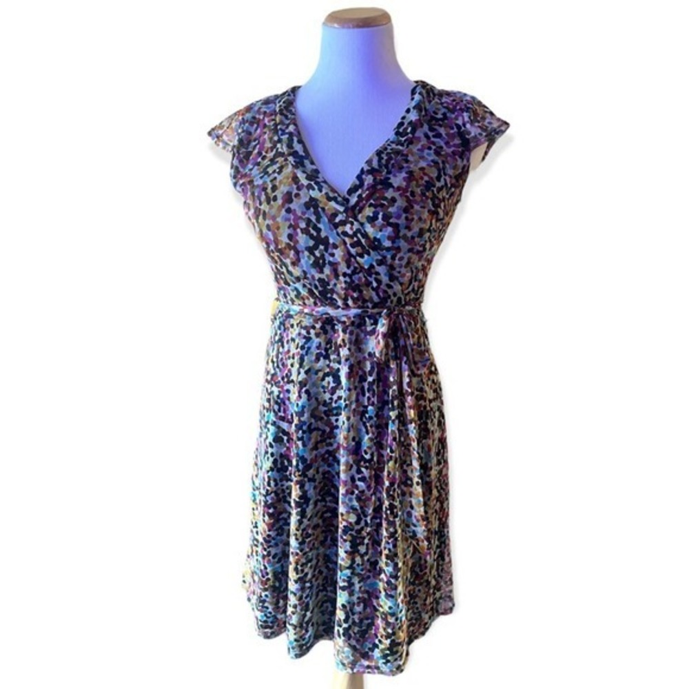 ILE New York Flutter Sleeve Multicolored Spring Tie Dress Size 6 - Picture 2 of 4